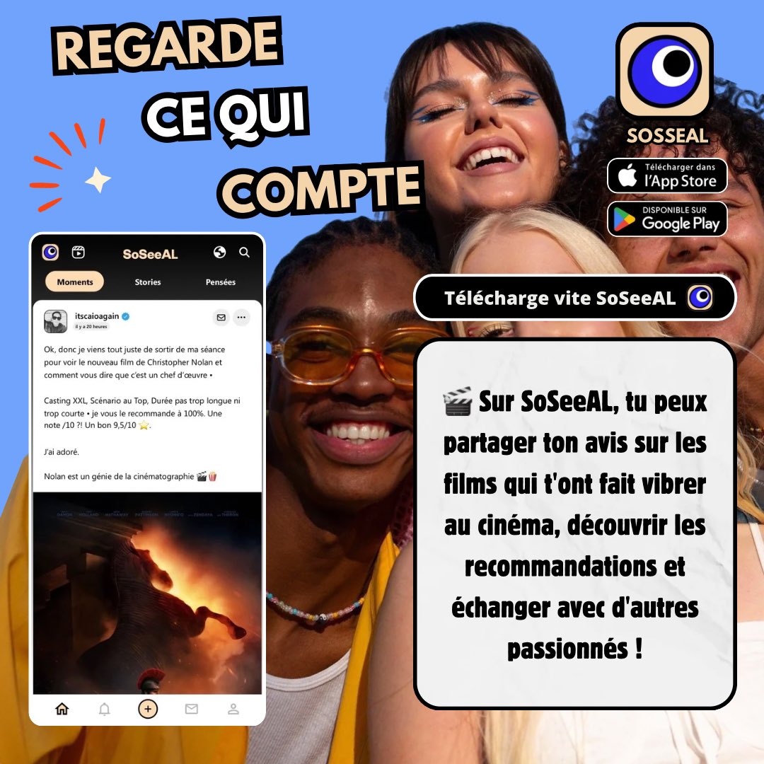 app_soseeal's tweet photo. 🎬 Sur SoSeeAL, tu peux partager ton avis sur les films qui t’ont fait vibrer au cinéma, découvrir les recommandations de la communauté et échanger avec d’autres passionnés. Et toi, qu’est-ce que tu comptes partager sur SoSeeAL ? Commente ton pseudo 👇 #SoSeeAL #Cinéma #Films https://t.co/DYJQuSorNb