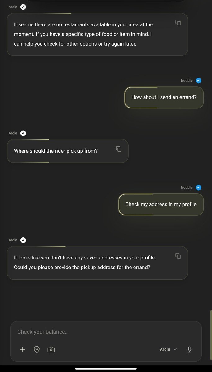 N1Fredy's tweet photo. One chat. Real-world actions. 📦

Need to send a package, pick up groceries, deliver documents, or run an errand?

Just tell @ArcleAI:
"Send an errand."

Arcle handles the conversation, collects the pickup details, and gets everything moving without you jumping between apps.

Pay with USDC or your local fiat currency. Your choice.

AI shouldn't just answer questions.
It should help you get things done.

One conversation. Endless possibilities.

Also available on WhatsApp!