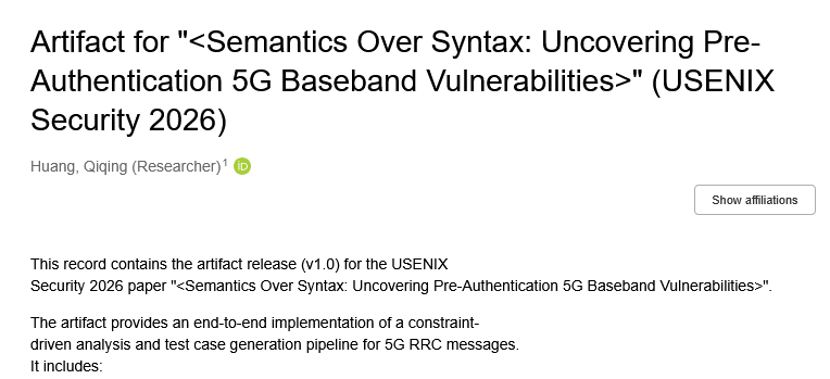 0x0SojalSec's tweet photo. Ai found 7 new 5G baseband vulns without sending a single malformed message.

3 new high-severity CVEs in 5G basebands.
Even a syntactically perfect 5G RRC message can crash your baseband.

New research shows that semantic violations breaking hidden field constraints and cross-IE dependencies in pre-authentication messages are enough to destabilize modems.

They built CONSET, a framework that:
- Extracts real constraints from 3GPP specs (with LLM assistance) 
- Generates valid-looking but semantically broken test cases 
- Found 7 previously unknown vulnerabilities on commercial devices

Including 3 high-severity CVEs affecting 64 chipset models and 500+ smartphones.

This proves syntax was never the only attack surface in 5G.