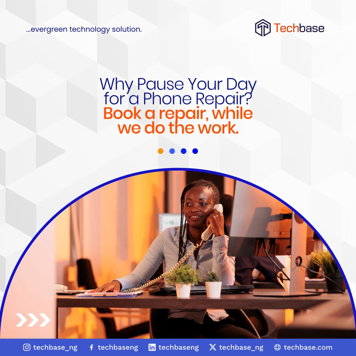 techbase_ng's tweet photo. Your day shouldn't stop because your device needs attention.
While you're at work, running your business, or simply staying connected, Techbase makes repairs fit into your schedule, not the other way around💙.
#Techbase #DeviceRepair #TechSupport #TechSolutions https://t.co/Wc0MJj1ulS