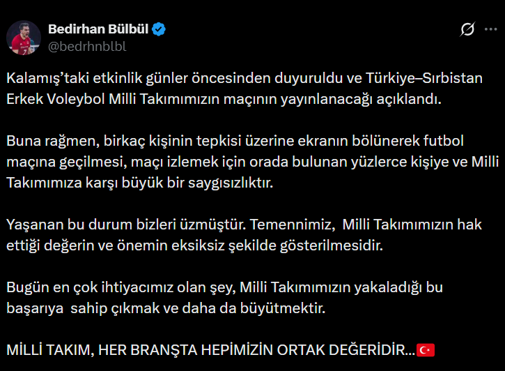 demarkesports's tweet photo. Milli voleybolcu Bedirhan Bülbül, Kalamış'ta düzenlenen Türkiye-Sırbistan maçı izleme etkinliğinde İngiltere-Arjantin maçının başlamasıyla yayının değiştirilmesine tepki gösterdi. https://t.co/ugjbnNsT6c