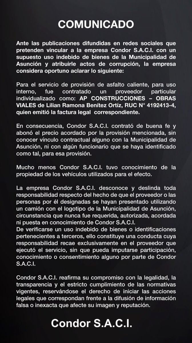 gduartcacavelos's tweet photo. ⚠️ Aquí el comunicado oficial del Grupo Cóndor sobre los hechos denunciados en la mañana de hoy! Se contrató con particulares NO con funcionarios públicos y el proceso de contratación fue el normal, tres presupuestos y se contrató el más conveniente. El Grupo Cóndor iniciará las acciones legales contra quienes pretendan dañar su imagen pese a estas aclaraciones 👇🏻