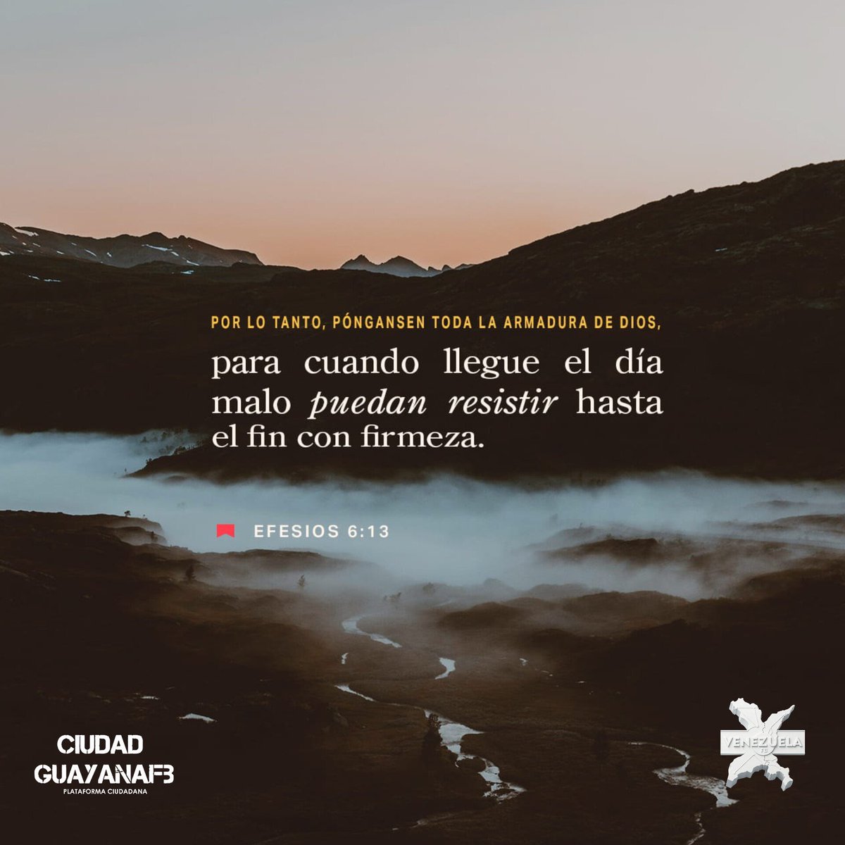 CiudadGuayanaFB's tweet photo. Por tanto, tomad toda la armadura de Dios, para que podáis resistir en el día malo, y habiendo acabado todo, estar firmes. 

EFESIOS 6:13 RVR1960

Buenas Tardes

#SoyVenezuelaFB https://t.co/oOezOaJ2UL