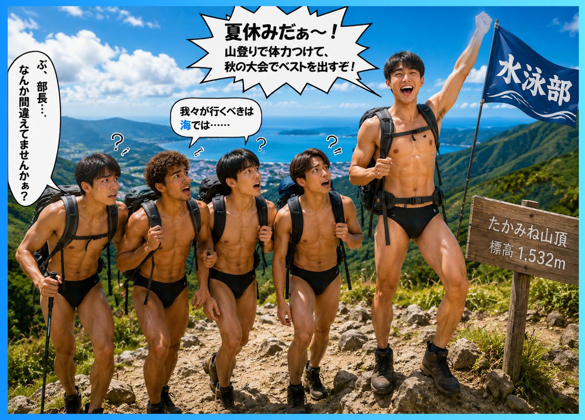 MMD_syouta's tweet photo. 夏だ！我々の季節到来だ！

夏休みは体力増強のチャンス、部活サボるなよ！

ぶ…部長、なんで山なんですかぁ…… https://t.co/QXTeOkEKbu