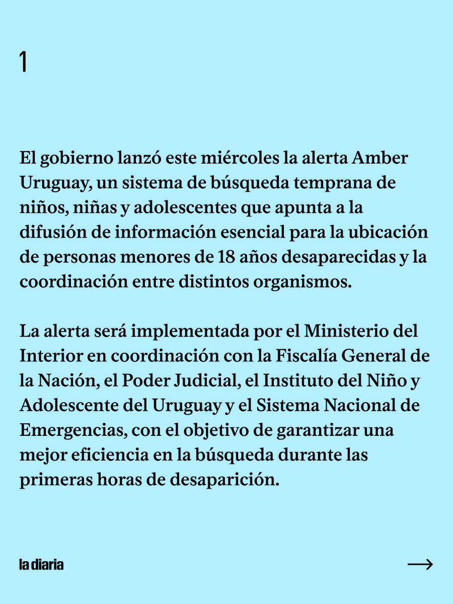 ladiaria's tweet photo. Uruguay puso en marcha la alerta Amber, un sistema de búsqueda temprana para niños, niñas y adolescentes desaparecidos que permite difundir, en minutos, información clave a toda la población. https://t.co/pfPRdbHncN