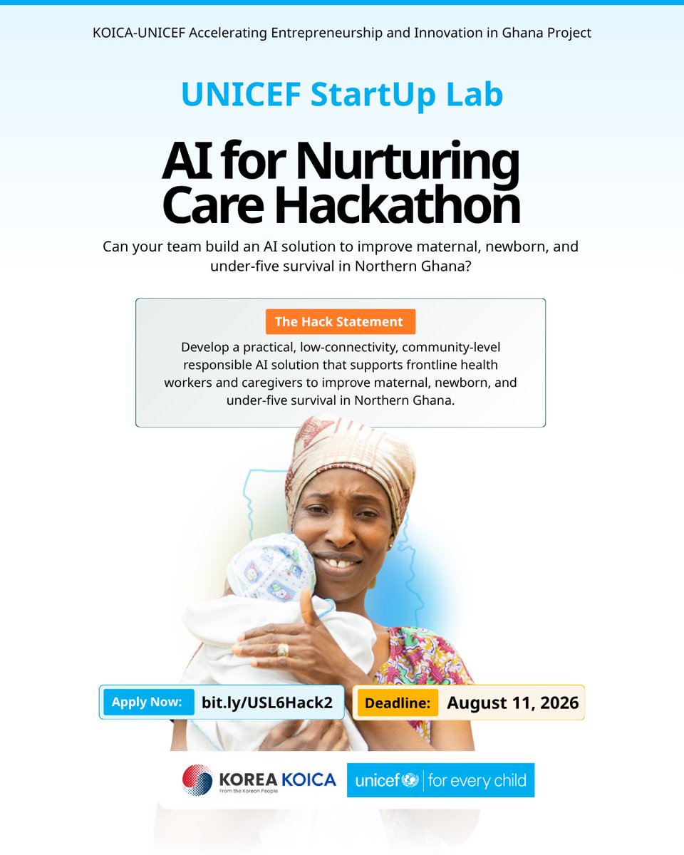 UNICEFStartups's tweet photo. Can your team use AI to improve maternal, newborn and under-five survival in Northern Ghana?

We’re calling on Ghana’s innovators to build practical, low-connectivity AI solutions that empower frontline health workers and caregivers.

Apply now: https://t.co/SbCG6cChBI https://t.co/nuM7MpFfUS