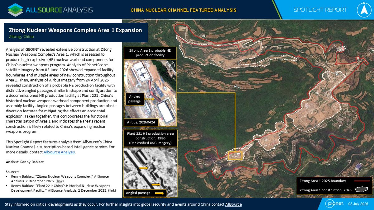 AllSourceA's tweet photo. GEOINT analysis shows extensive construction at Zitong Nuclear Weapons Complex’s Area 1, which is assessed to produce high-explosive nuclear warhead components for China’s nuclear weapons program. https://t.co/epfzHD4aZI
Spotlight sign up https://t.co/3fMQ6GresF
#GEOINT #China https://t.co/gmAZ45qUto