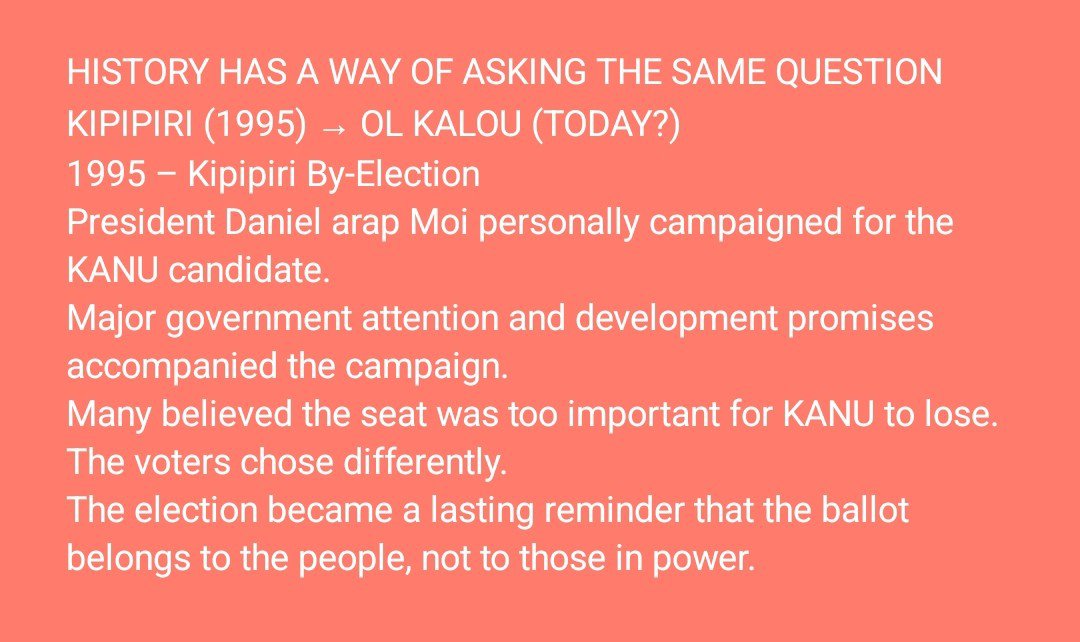 kirengeken's tweet photo. @KIMANIICHUNGWAH @paulinenjoroge  HISTORY HAS A WAY OF ASKING THE SAME QUESTION
KIPIPIRI (1995) → OL KALOU (TODAY?)
1995 – Kipipiri By-Election
President Daniel arap Moi personally campaigned for the KANU candidate.
Major government attention and development promises. voters chose differently. https://t.co/MM53iws4tr