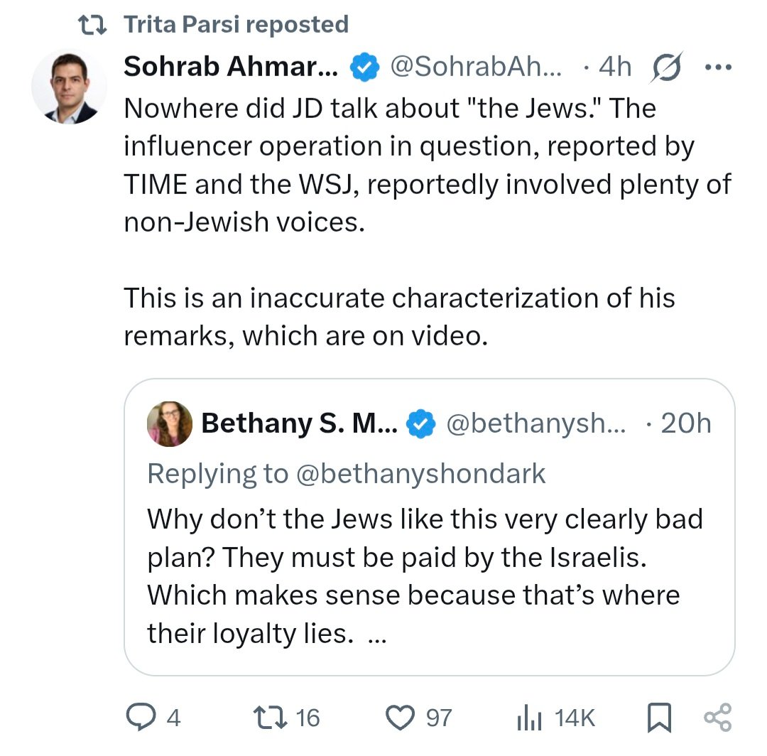 diana_bloom_'s tweet photo. Awww, look who’s coming to JD Vance’s defense 🫶 Trita Parsi and Sohrab Ahmari, the two top regime lobbyists who are advising him on the deal to save the Islamic Republic. https://t.co/AbhvlTfxdM