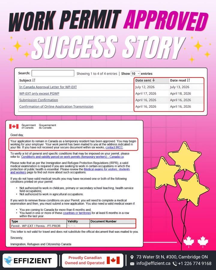 effizientcanada's tweet photo. 🎉 Another Work Permit Approved! 🇨🇦
Congratulations to our client on receiving their In-Canada Work Permit Extension approval!
📩 Contact us today to discuss your case!
Call/WhatsApp: +1 226-774-9168
#WorkPermitApproved #CanadaWorkPermit #WorkPermitExtension https://t.co/fkaTEfAzq5
