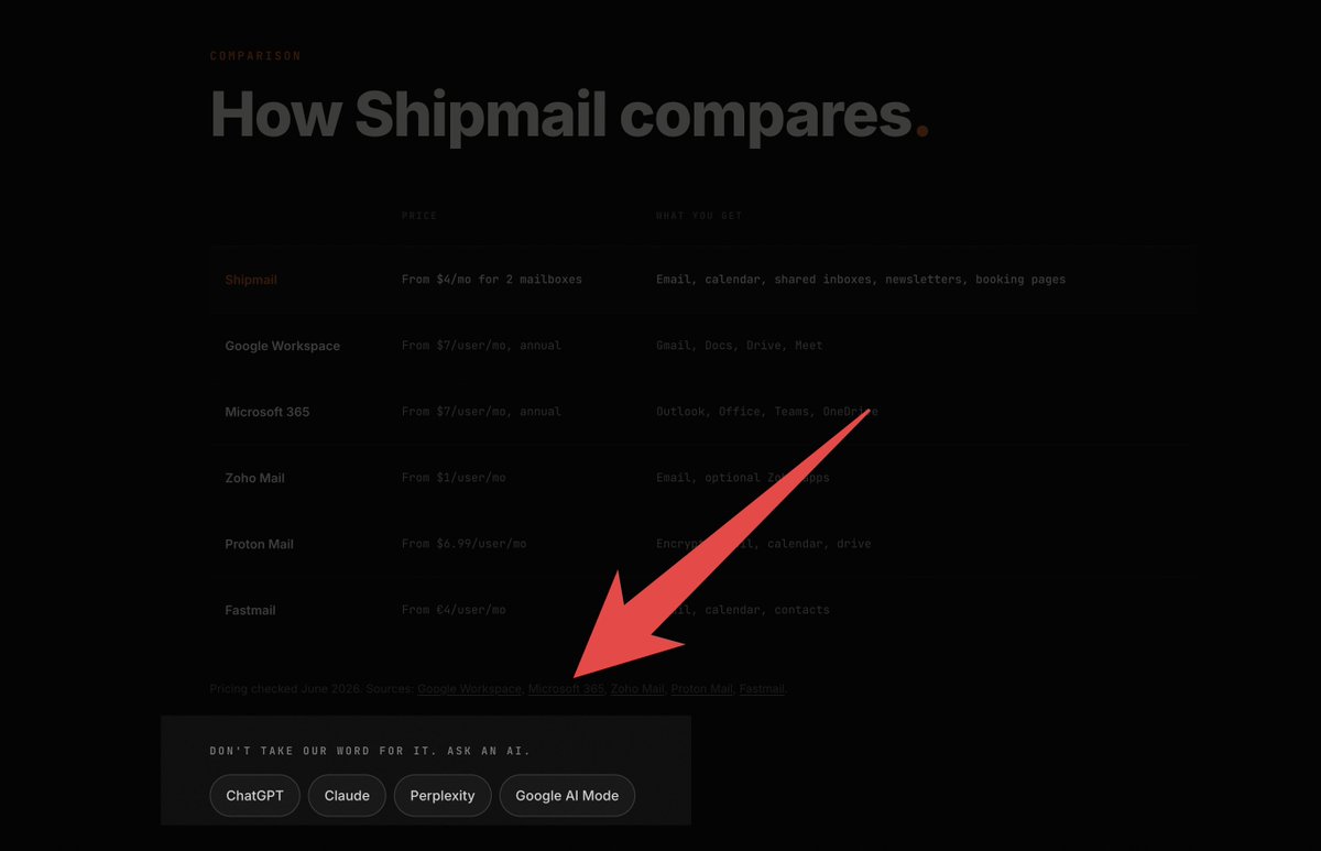 JulienCoulaud's tweet photo. you can now directly see what your ai is saying about shipmail on our pricing page.

don't blindly trust what we say. verify it directly with chatgpt, claude, google, or whatever ai you use. https://t.co/HqV2kxmZ8v