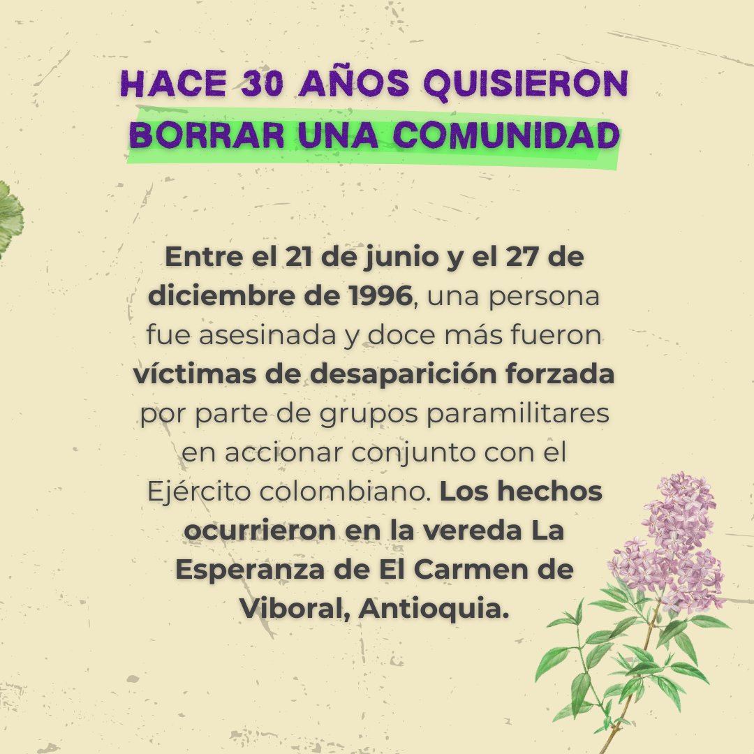 cjlibertad's tweet photo. #DefensaDDHHVíctimas | 🌿 Hace 30 años fueron arrancados de sus familias, pero nunca de su memoria.

✊ A 30 años de los hechos de La Esperanza, reafirmamos que la memoria también es una forma de buscar, de resistir y de exigir verdad, justicia y garantías de no repetición.
🧵1/4 https://t.co/uZQLmp8rSN