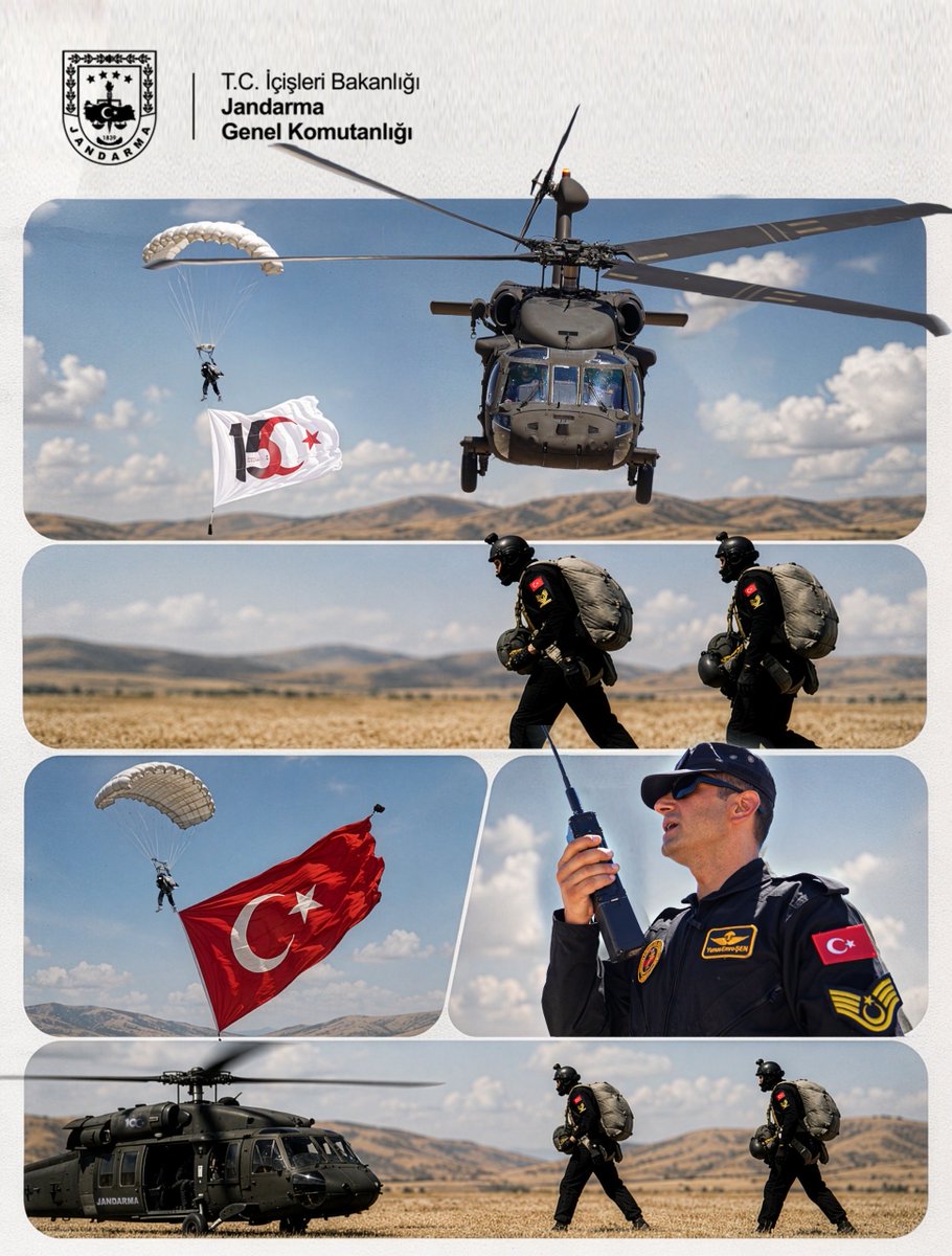 jandarma's tweet photo. Millî iradenin sarsılmaz gücüyle, şanlı bayrağımızın dalgalandığı her yerdeyiz! 🇹🇷

Vatan aşkıyla göklerden süzülen kahramanlarımızla, milletimizin huzuru ve güvenliği için havada, karada, her zaman ve her yerde görev başındayız. https://t.co/r4fGMphKLB