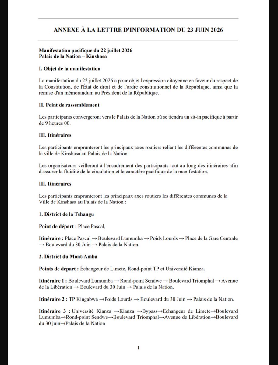 wembi_steve's tweet photo. #RDC: 🚨🛑La Coalition Article 64 (C64), réunissant plusieurs figures de l’opposition congolaise, a confirmé l’organisation d’une marche pacifique le 22 juillet à Kinshasa. Les manifestants prévoient de converger vers le Palais de la Nation pour un sit-in et la remise d’un mémorandum au président de la République.

Initialement prévue le 8 juillet, la manifestation avait été reportée à la suite d’une médiation engagée par le président burundais Évariste Ndayishimiye, président en exercice de l’Union africaine. À l’issue de ces consultations, la coalition a maintenu son projet de mobilisation.

La C64 affirme agir conformément à l’article 64 de la Constitution, dans un contexte de fortes tensions liées à un projet de révision constitutionnelle que l’opposition considère comme une tentative de remettre en cause la limitation des mandats présidentiels.