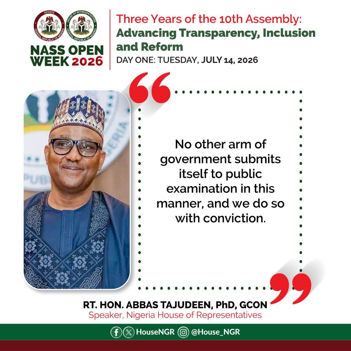 HouseNGR's tweet photo. and remains accountable to the people it serves.

These excerpts capture the principles guiding the 10th House of Assembly as it advances transparency, inclusion and reform.

Read, reflect and stay engaged as the conversations continue.

#HouseNGR #NASSOpenWeek #10thAssembly https://t.co/HWyC603RQ4