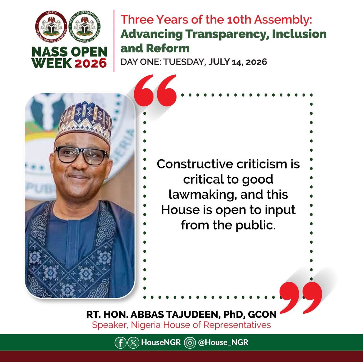 HouseNGR's tweet photo. and remains accountable to the people it serves.

These excerpts capture the principles guiding the 10th House of Assembly as it advances transparency, inclusion and reform.

Read, reflect and stay engaged as the conversations continue.

#HouseNGR #NASSOpenWeek #10thAssembly https://t.co/HWyC603RQ4