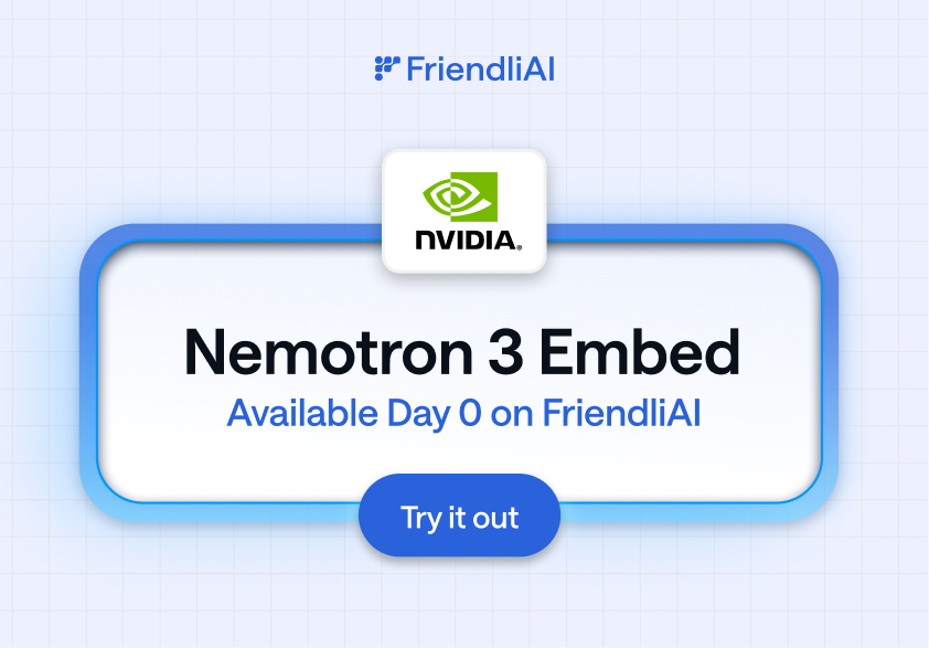 friendliai's tweet photo. NVIDIA Nemotron 3 Embed is now on FriendliAI.

Open embedding models built for agentic retrieval:

→ 8B: frontier accuracy, #1 on the RTEB leaderboard
→ 1B: designed to retain 95%+ of the 8B's accuracy, built for scale
→ 16K context, text + code, fully open weights, datasets, recipes, and fine-tuning guidance

Deploy via Friendli Dedicated Endpoints, OpenAI-compatible API.
👉https://t.co/q77AX3ZcHm
👉https://t.co/oPQgZZKNmE
👉https://t.co/G67AcO3Bn8

Read full blog 🔗https://t.co/ce5J8ELfe1