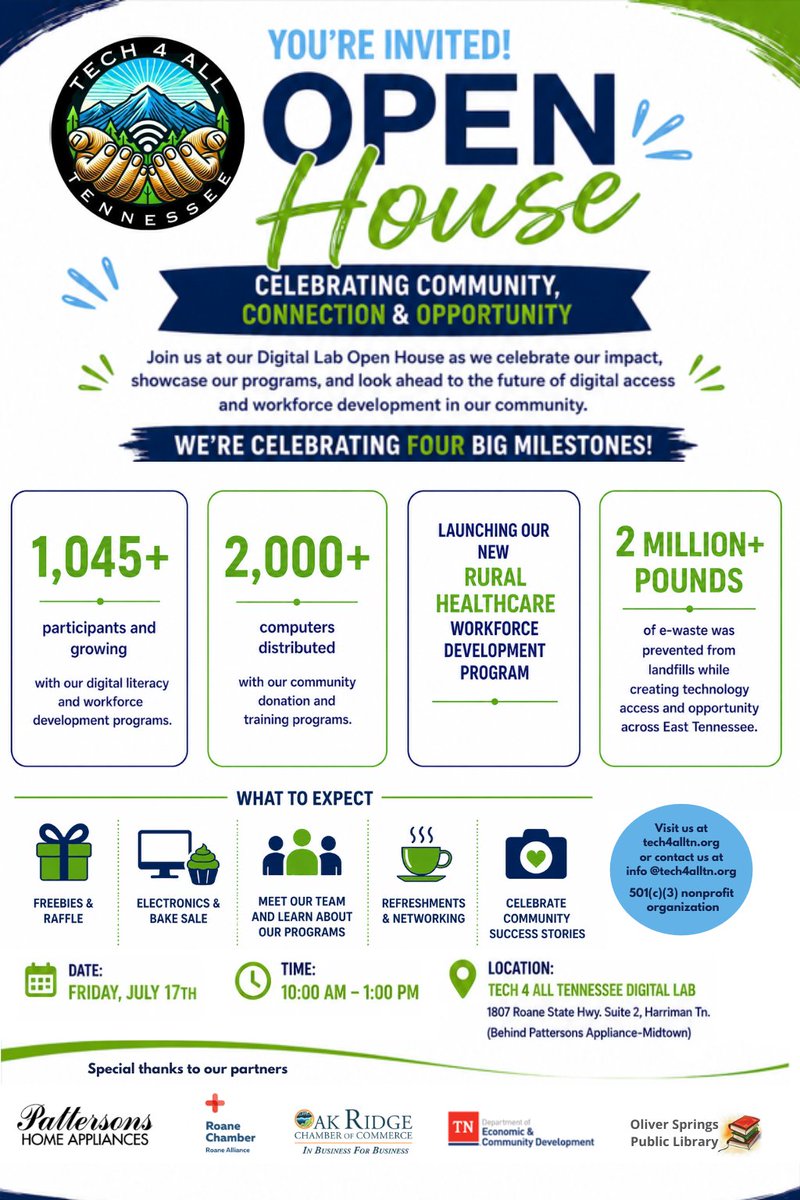 Tech4AllTN's tweet photo. Join Tech 4 All Tennessee (https://t.co/ZdvkE2eXPb)tomorrow, July 17, from 10 AM–1 PM for our Community Open House
📍 1807 Roane State Hwy., Suite 2, Harriman, TN
#EastTennessee #WorkforceReadiness #DigitalOpportunity#Healthcare https://t.co/dTjgVf1nND