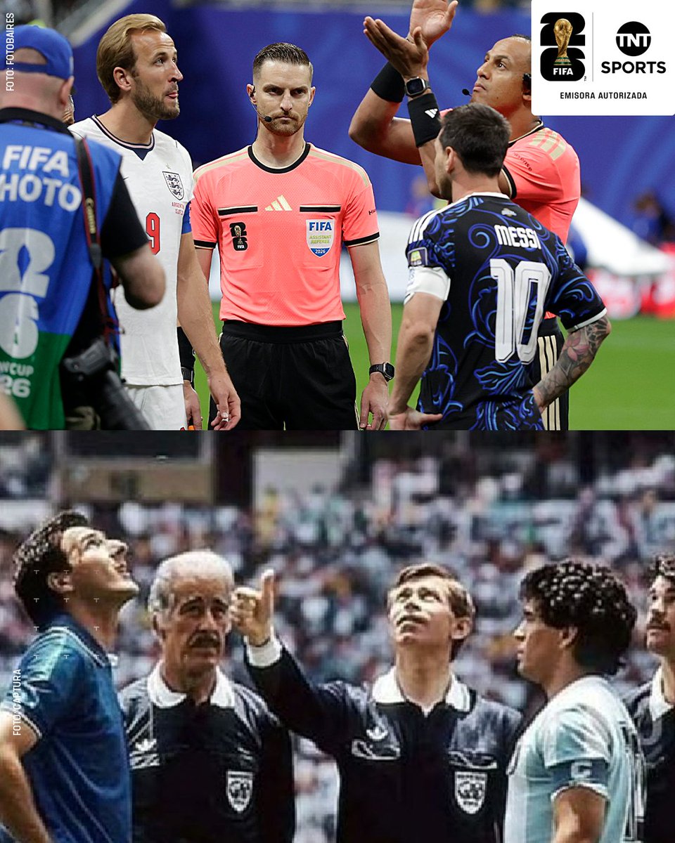 TNTSportsAR's tweet photo. DOS FOTOS IDÉNTICAS, 40 AÑOS DE DIFERENCIA 😭 

La postal que dejó Leo Messi en el sorteo ante Inglaterra mirando fijamente a su rival y sin prestarle atención a la moneda.

Sí, idéntica a la de Diego Maradona en 1986 ante Italia.

#TNTSportsMundial https://t.co/YiiD3RwOwE