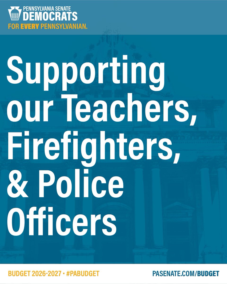 PaSenateDems's tweet photo. The 2026-2027 #PAbudget invests in our hometown heroes like our teachers, police and firefighters.
This budget includes a long overdue cost-of-living adjustment for our teachers, police and firefighters who retired before July 2, 2001.
Learn more:
https://t.co/uJoEcumqZN https://t.co/KLbOjXrjaT