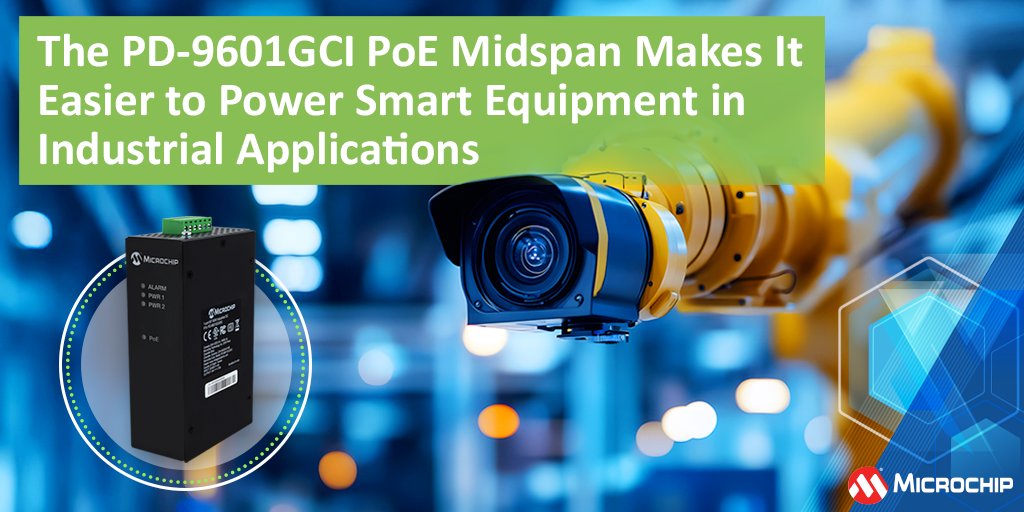 MicrochipTech's tweet photo. Power your industrial IoT devices with a plug-and-play PoE solution. Microchip’s PD-9601GCI midspan delivers up to 90W over a single Ethernet cable, delivering power and data over one cable, even in harsh environments. Learn more, here: https://t.co/MnRKmdoRfE. #PoE #IndustrialEthernet
