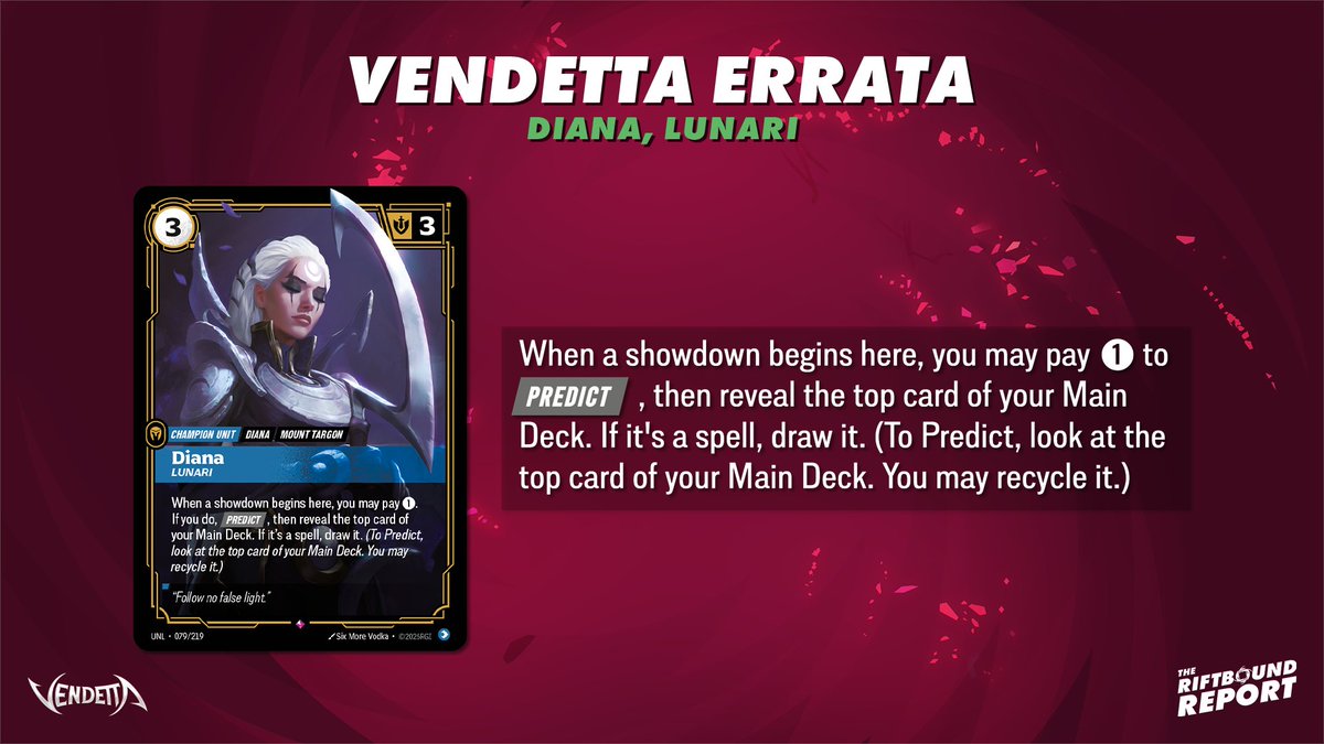 RiftboundReport's tweet photo. Riftbound Vendetta Errata Infographics

The following cards have received an errata going into the release of Vendetta:
• Draven, Vanquisher
• Emperor’s Dais
• Fizz, Trickster
• Diana, Lunari
• Stalking Wolf
• Astral Heron
• Gangplank, Naval

#RBVendetta @playriftbound https://t.co/aywP4WOOqC