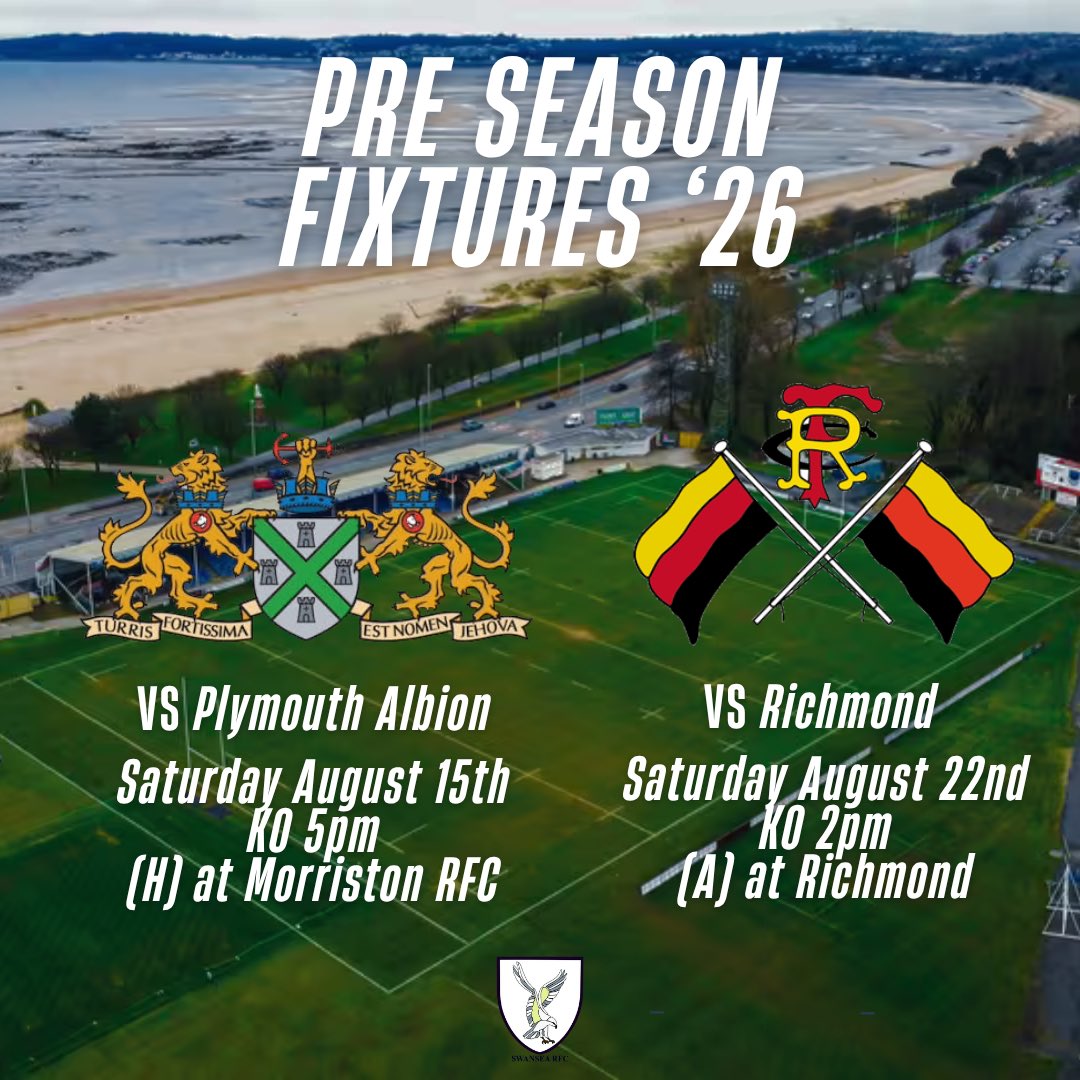 SwanseaRFC's tweet photo. PRE SEASON | We are delighted to confirm our pre season fixtures for this year - starting with a visit from @Albion_RFC followed by a visit to @RichmondFC1861! 

Both promise to be tough opposition as we prep for the new season ahead 👊🏻

See you in August! 👀 https://t.co/xtqBalh7gA