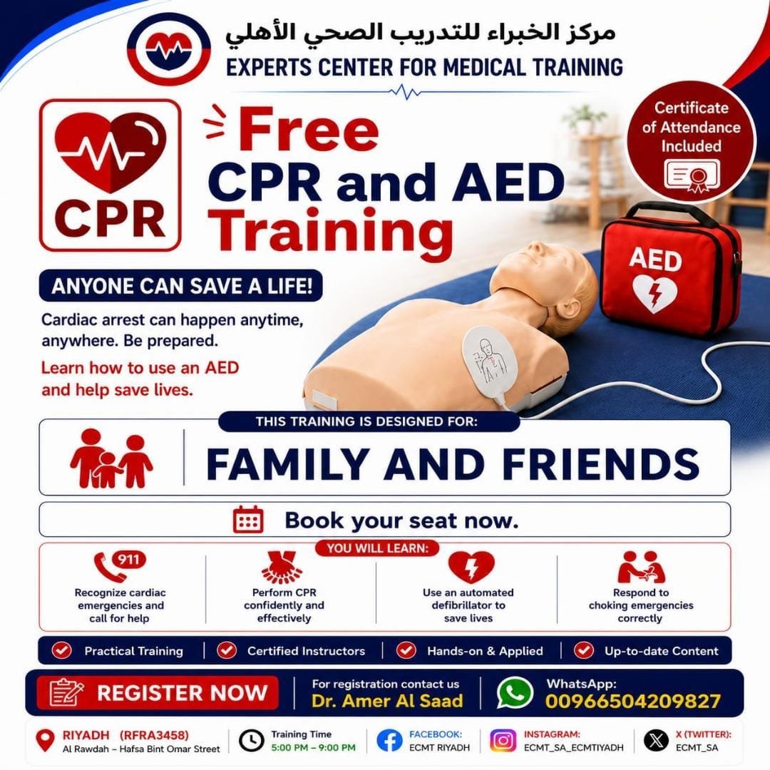 ECMT_SA's tweet photo. #Free #CPR #AED and #Chocking relief training 
#Save_a_life 
Every Friday
for registration 
Riyadh- KSA
+966504209827

#انقذ_حياة 
#الخميس_الونيس_ياساده
#ليله_الجمعه https://t.co/fcRaL5eKhi