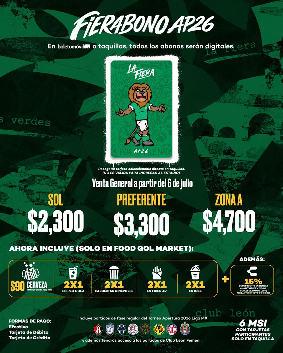 clubleonfc's tweet photo. FIERABONARTE 🦁 TE CONVIENE 

Porque con tu Fierabono tienes 6 MSI para pagar, además ahorras y también obtienes beneficios exclusivos todo el Torneo.

Si aún no te abonas, hazlo ahora y asegura tu lugar. Entra a @boletomovil 📲 https://t.co/QDOe0RNny8 https://t.co/HMWPAFPHEI