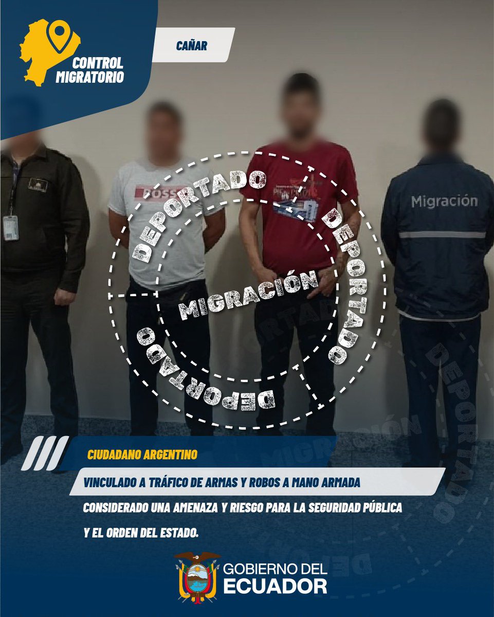 MinInteriorEc's tweet photo. 🚨𝐃𝐄𝐏𝐎𝐑𝐓𝐀𝐃𝐎 𝐂𝐈𝐔𝐃𝐀𝐃𝐀𝐍𝐎 𝐄𝐗𝐓𝐑𝐀𝐍𝐉𝐄𝐑𝐎 𝐂𝐎𝐍 𝐀𝐍𝐓𝐄𝐂𝐄𝐃𝐄𝐍𝐓𝐄𝐒 𝐏𝐎𝐑 𝐓𝐑Á𝐅𝐈𝐂𝐎 𝐃𝐄 𝐀𝐑𝐌𝐀𝐒, 𝐑𝐎𝐁𝐎𝐒 𝐘 𝐎𝐓𝐑𝐎𝐒 𝐃𝐄𝐋𝐈𝐓𝐎𝐒 𝐄𝐍 𝐒𝐔 𝐏𝐀Í𝐒 𝐃𝐄 𝐎𝐑𝐈𝐆𝐄𝐍

📍Cañar | Con el liderazgo del presidente Daniel Noboa Azin, el Ministerio del Interior, a través de la Subsecretaría de Migración, en coordinación con la Policía Nacional, ejecutó un operativo de control de permanencia migratoria que permitió identificar a un ciudadano de nacionalidad argentina considerado una amenaza para la seguridad pública y el orden del Estado.

🔎 Las verificaciones realizadas mediante el intercambio de información internacional determinaron que el ciudadano registraba antecedentes y procesos judiciales en Argentina por los delitos de tráfico de armas, hurto agravado, robo calificado, resistencia a la autoridad, lesiones y robo a mano armada.

Asimismo, se verificó que en Ecuador mantenía procesos judiciales por tenencia y porte de armas, lo que incrementaba el nivel de riesgo para la seguridad ciudadana.

➡️ En función de estos antecedentes y del riesgo que representaba para la seguridad del país, la Subsecretaría de Migración inició el procedimiento administrativo correspondiente y ejecutó su deportación, de conformidad con la Ley Orgánica de Movilidad Humana.
