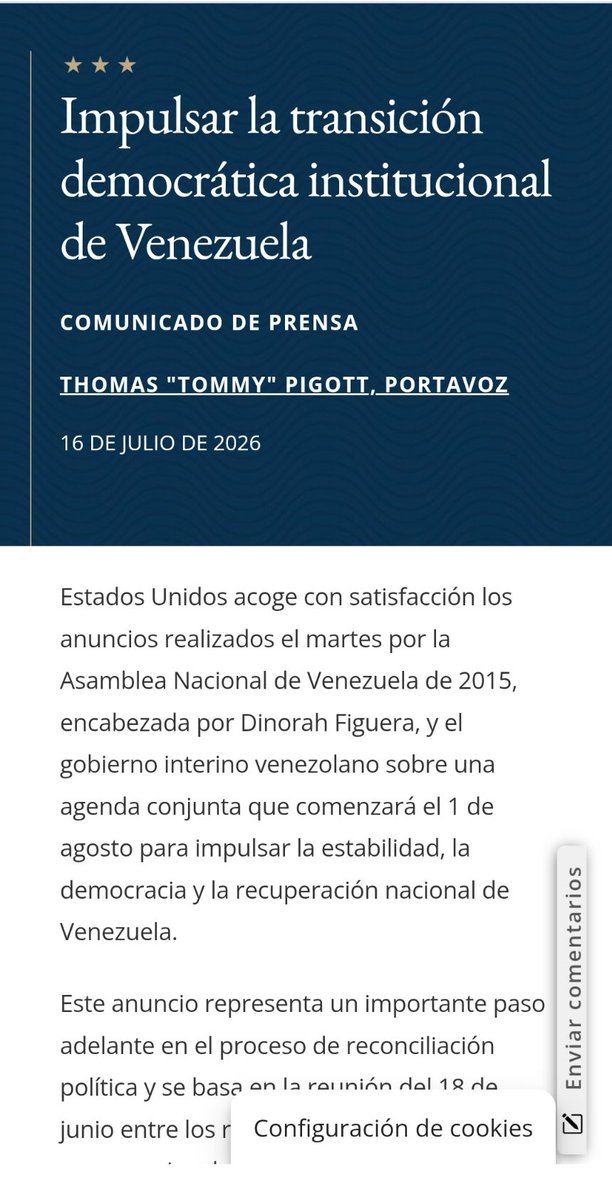 LuzMelyReyes's tweet photo. Esta declaración del portavoz del Departamento de Estado merece un análisis de contenido.
En el párrafo uno  se refiere a la agenda entre la AN 2015 y el gobierno interino. Es decir, no menciona a la AN 2025. 
El segundo párrafo se refiere a la reunión del 18 de junio entre Jorge Rodríguez y Figuera.  Lo cual parece mostrar que EEUU acepta que en Venezuela no hay separación de poderes.
Y el párrafo tres incorpora tres características necesarias:  unidad, liderazgo responsable e instituciones capaces de servir a los venezolanos. En realidad, el interinato solo tiene la primera porque su vocación de poder y lo que ahora llaman Real Politik los lleva a mantenerse juntos. 
La oposición democrática no tiene ninguna más que nada porque no está en el poder. 
No sé ustedes, pero a mí esta cuenta me da que la idea de una Junta de Gobierno va a ser esgrimida en algún momento. 

https://t.co/q4dpzP2BfO