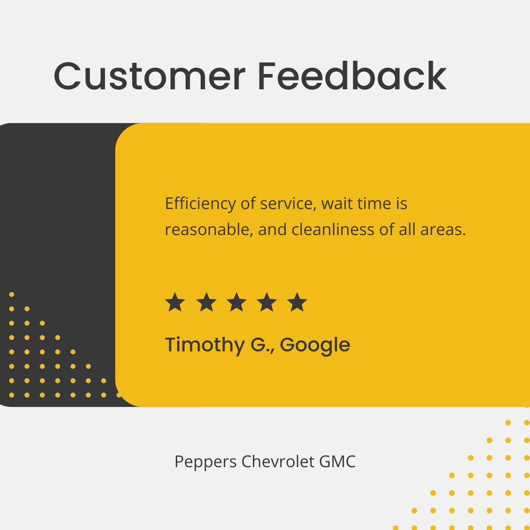PeppersAuto's tweet photo. Thank you for your wonderful review, Timothy! We’re glad you were pleased with our efficient service, reasonable wait times, and clean facilities at Peppers Chevrolet GMC. We appreciate your feedback and look forward to seeing you again! https://t.co/OT7rgGqiE0
