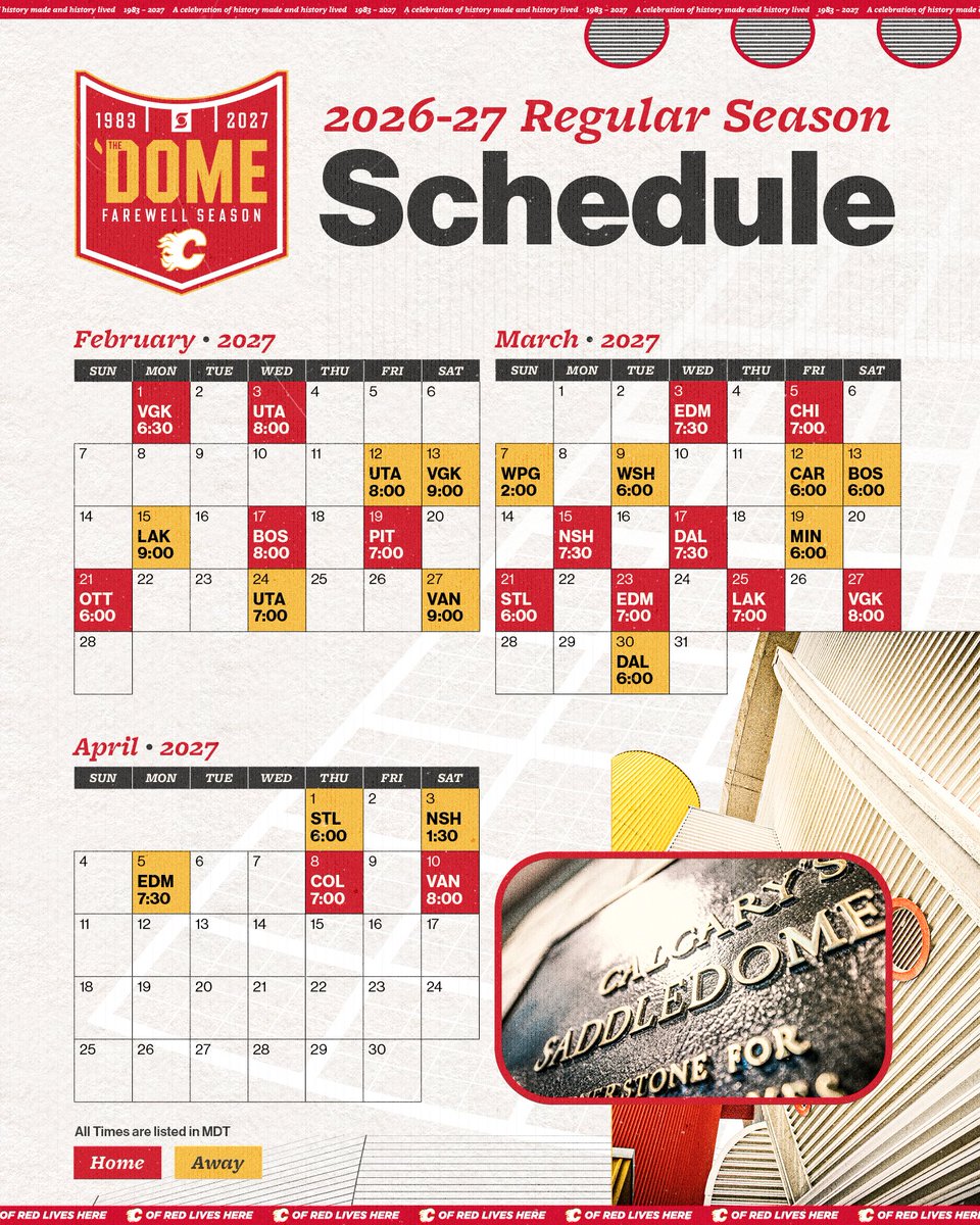 NHLFlames's tweet photo. Our @cgysaddledome Farewell Season schedule!

A celebration of history made and history lived, become a #Flames Season Ticket Member today and secure your seat: https://t.co/YSKmBQdKwH https://t.co/R9G0uhZMLA