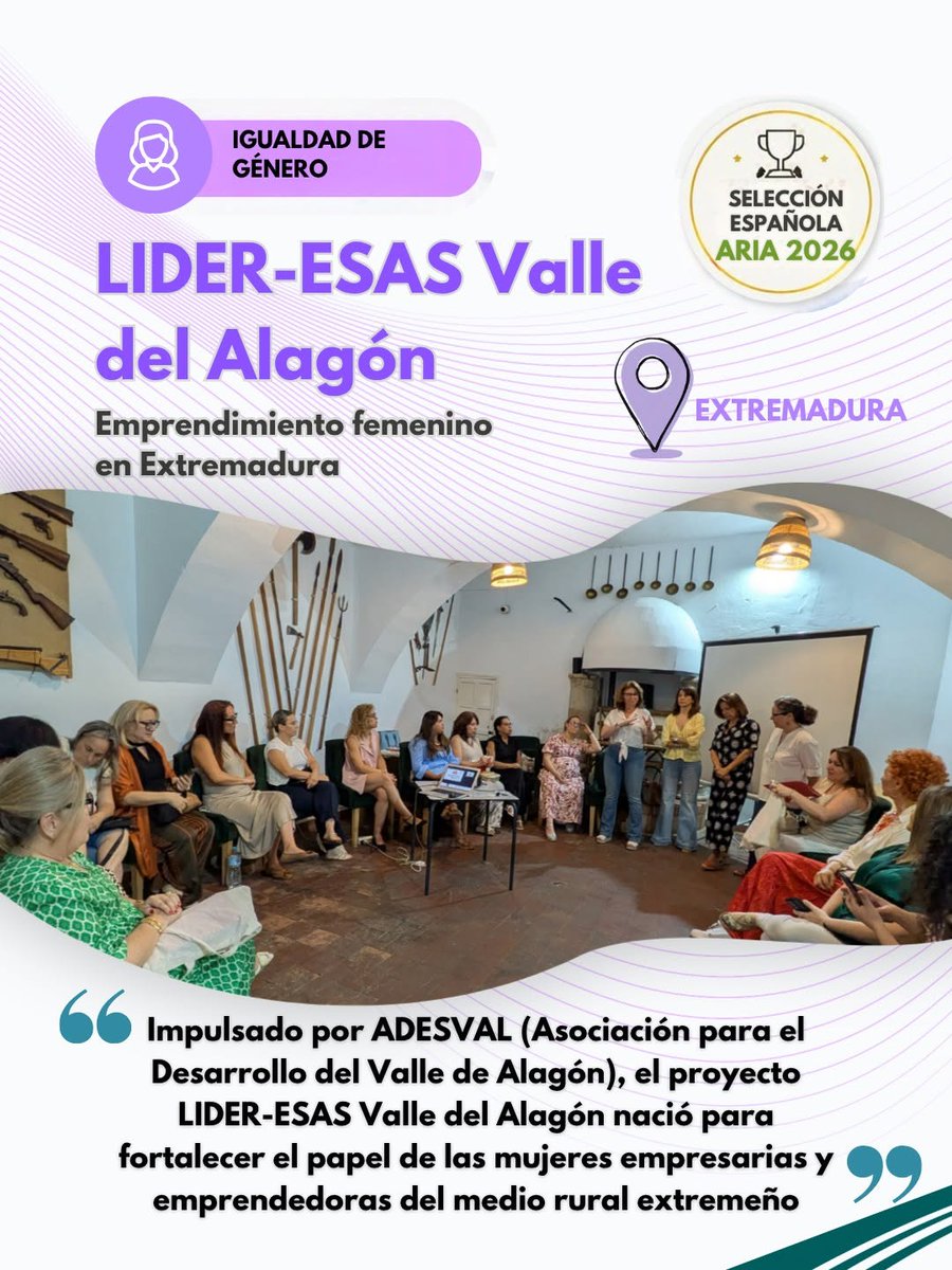 adesval_org's tweet photo. La Asociación LIDER ESAS ha sido seleccionada a nivel nacional por la @redPAC_ a los Premios Aria 2026. Desde #Adesval estamos muy felices con la noticia, nos encanta ver crecer este proyecto de la comarca del #ValledelAlagón, con fuerza y con sororidad...¡Enhorabuena! https://t.co/UQvrSjpxRS