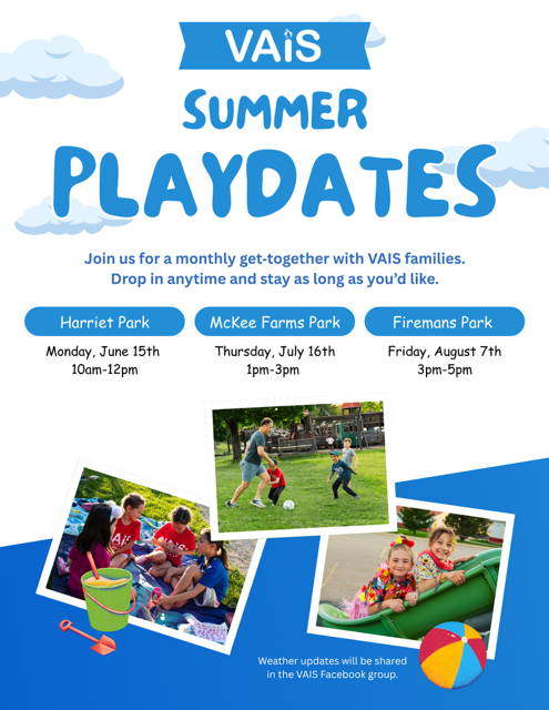 VAISchool's tweet photo. Join VAIS families for a free, fun, family afternoon! Our last summer park playdate of the summer is here - we'll see you Friday, August 7th at Fireman's Park in Verona from 3-5pm. We hope to see you there! https://t.co/Xpi9dGVa0g