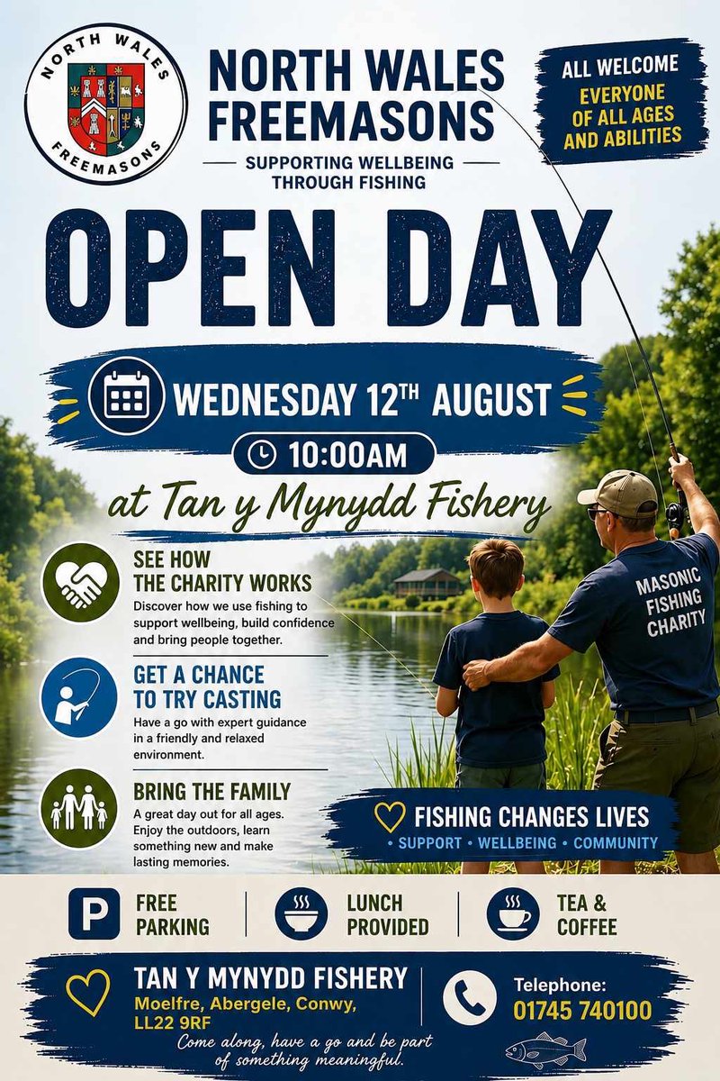 NWFreemasons's tweet photo. North Wales Freemasons proudly support the Masonic Fishing Charity.

The latest Masonic Fishing Charity open day will be held at Tan y Mynydd Fishery on Wednesday 12th August 2026.

#Freemasons https://t.co/evd2CVjnAn