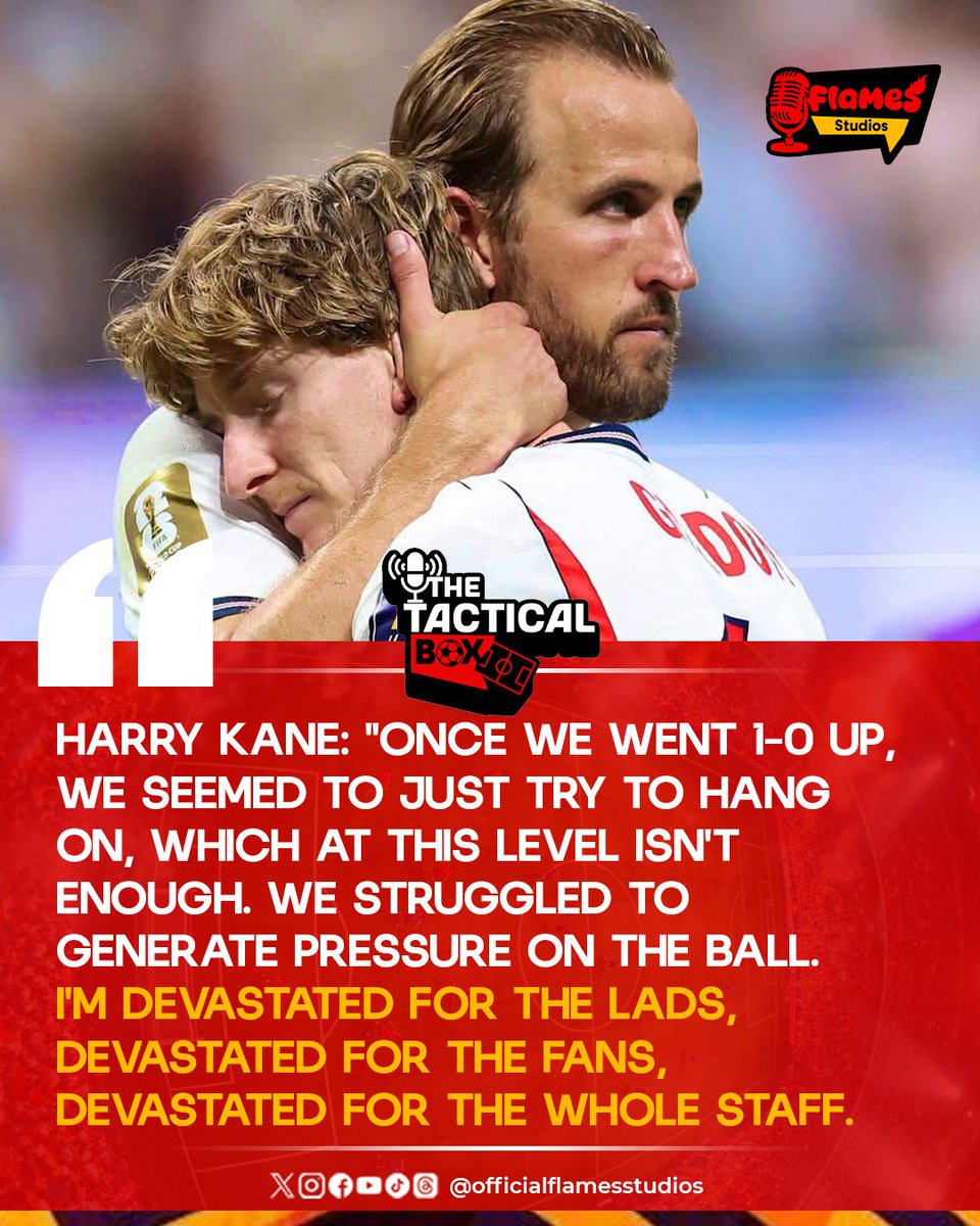 flamesstudios's tweet photo. "We tried to hang on." 💔 Harry Kane reflects on England's painful semi-final defeat after surrendering a lead and missing out on a place in the World Cup final.
#HarryKane #England #fifaworldcup2026 #tacticalbox #flamestudios https://t.co/yrAP7K6btc
