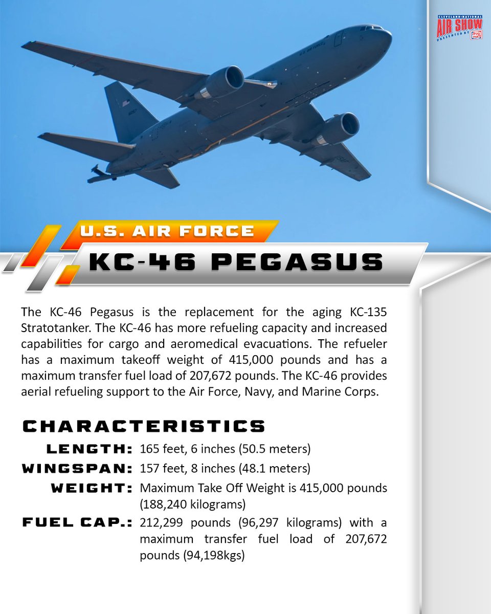 cleairshow's tweet photo. A first in Cleveland 👀 The Altus AFB Demo Team is bringing out their KC-46 Pegasus this Labor Day Weekend!

Get to know this tanker before it hits the Cleveland skies!

#CLEAirShow #RedWhiteBlues https://t.co/6xT92Tt3Ul