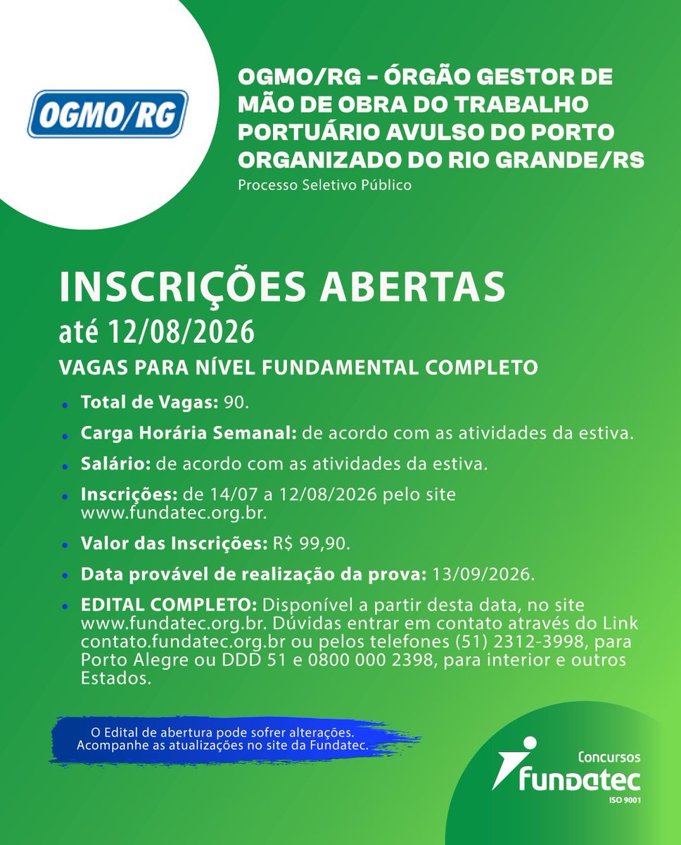 Fundatec's tweet photo. ⚠️ INSCRIÇÕES ABERTAS ⚠️

Processo Seletivo Público 

OGMO/RG - Órgão Gestor de Mão de Obra do Trabalho Portuário Avulso do Porto Organizado do Rio Grande/RS

📲 Confira o edital e inscreva-se: https://t.co/NSevlcyqLr

#ProcessoSeletivo #OGMO #RioGrande #RioGrandeDoSul #Fundatec https://t.co/7MTovmvORw