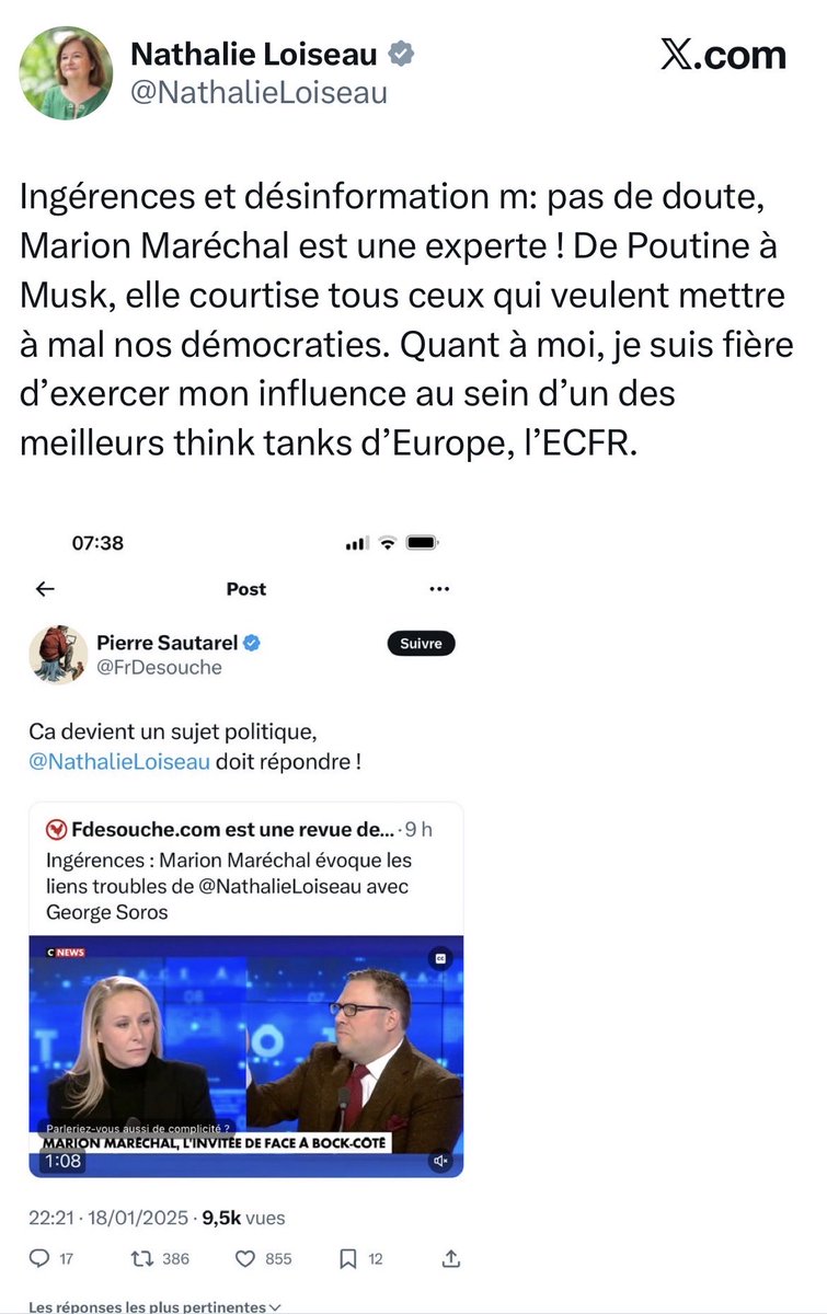 Carene1984's tweet photo. Regardez-ça : juillet 2026. Nathalie Loiseau accuse @elonmusk de soutenir les « partis les plus extrémistes » en Europe, dont Marine Le Pen. C’est une ingérence inadmissible, selon elle.

Pourtant, la même Loiseau déclarait en 2025 crânement : « Je suis fière d’exercer mon influence au sein d’un des meilleurs think tanks d’Europe, l’ECFR », celui financé en partie par les Open Society Foundations de George Soros.
Et elle précise sans honte  : c’est pour « diffuser les idées françaises ».

L’extrême centre et son réseau Soros censurent l’Europe au nom des « ingérences » qui leur déplaisent. Ils ne se cachent pas de travailler avec des intérêts étrangers. L’Europe vaut mieux que cet entre-soi nauséabond qui nous mène à la ruine.