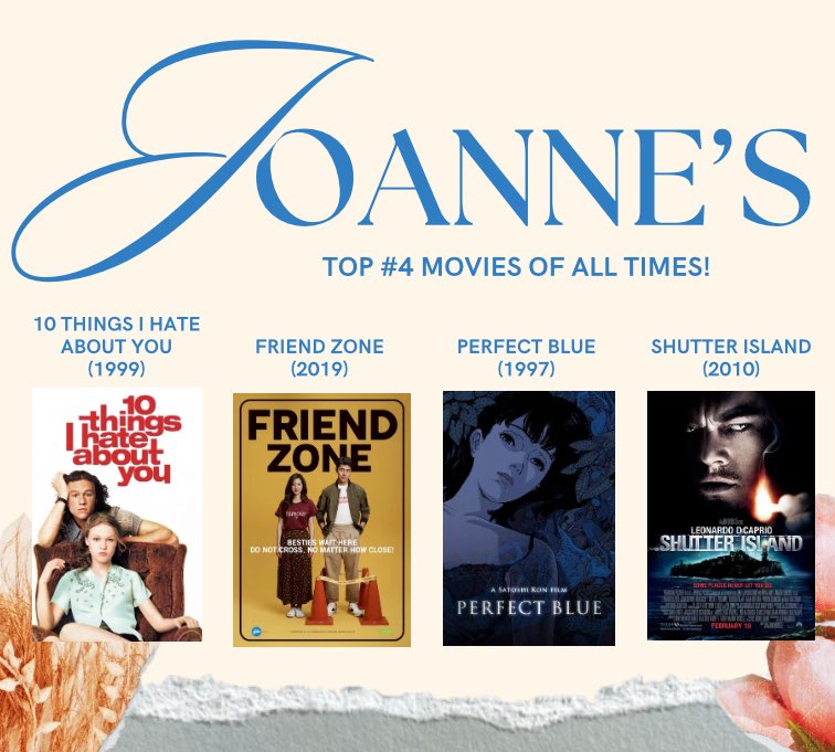 hearthump's tweet photo. @ascreenhouse Hi, everyone! I’m Joanne! Life’s been keeping me busy lately, so I’ve been spending my free time catching up on anime I never got to finish.. BUT, if you asked me for my top 4 movies, here they are. As you can see, I’m a huge rom-com and thriller movie enthusiast. :3 https://t.co/W4inLEb9NF