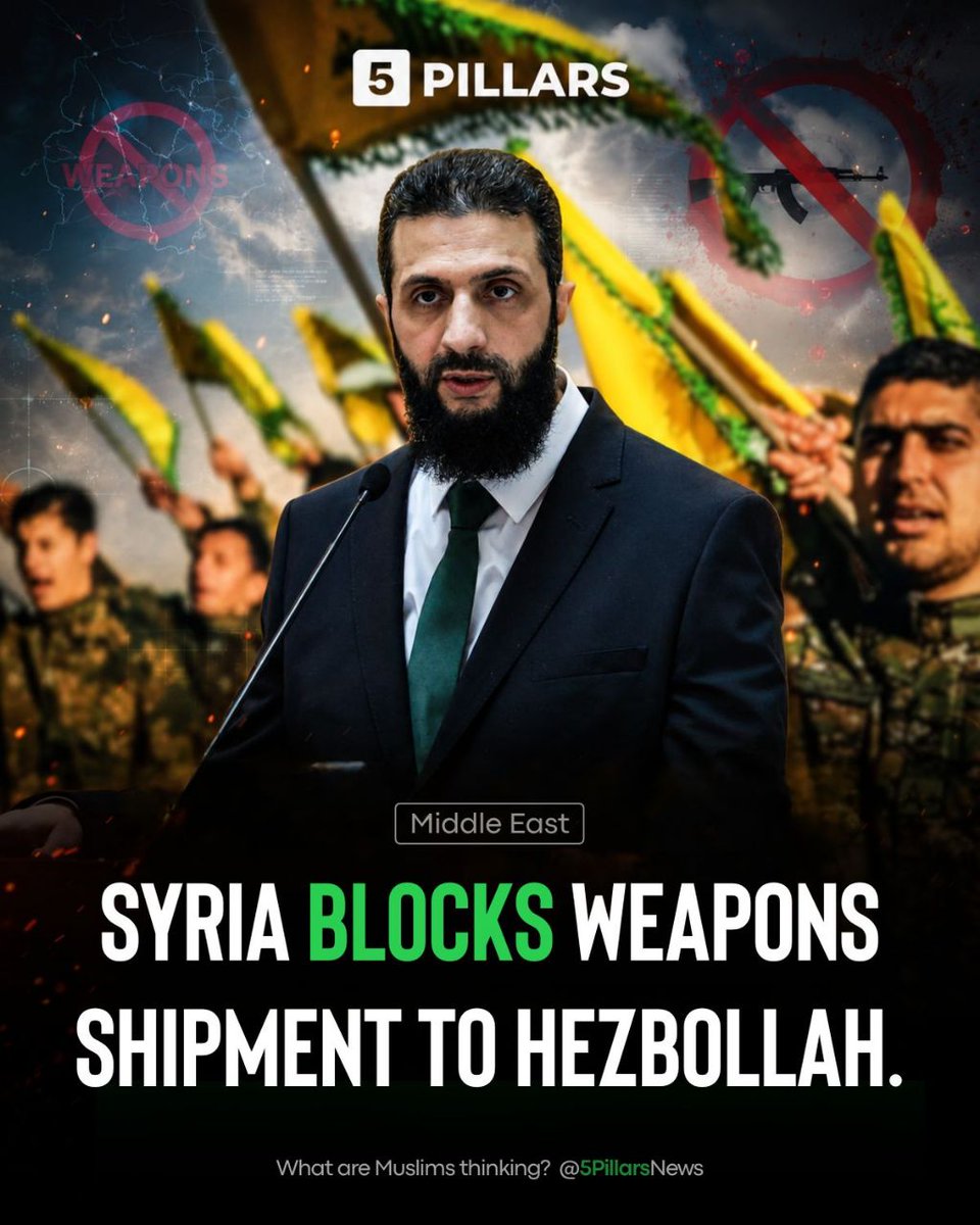 5Pillarsuk's tweet photo. Syria has intercepted a shipment of advanced weapons and missiles along its border with Iraq, intended for Hezbollah in Lebanon.

Syria's Interior Ministry confirmed that specialised units seized the shipment, in a sharp break from the Assad era when Syria served as a key transit corridor for weapons flowing to Hezbollah.

The weapons were almost certainly intended for use against Israel in Hezbollah's ongoing conflict with Tel Aviv. 

However, because of Hezbollah's involvement in the Syrian civil war on the side of Bashar al-Assad, Syria's new government has repeatedly signalled its intention to cut off the Lebanese group's supply routes.
