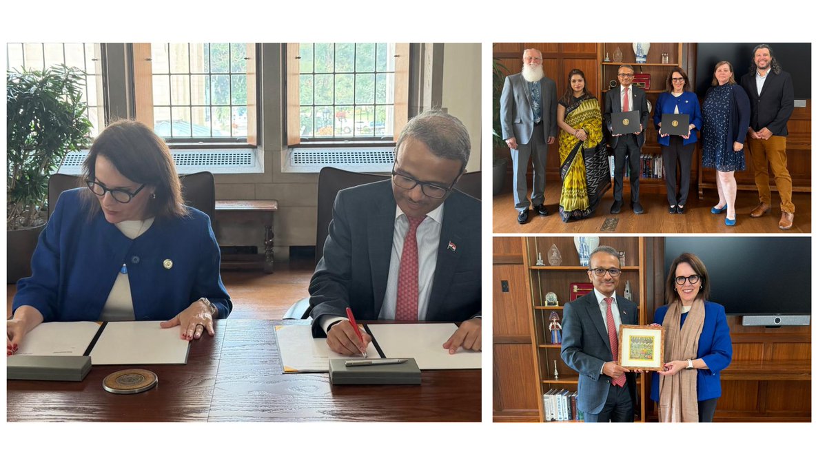 IndiainNewYork's tweet photo. Consul General @binaysrikant76 signed an MoU between ICCR and University of Pittsburgh on Establishment of the ICCR Chair of Indian Studies with Chancellor Dr Joan Gabel @PittChancellor

@iccr_hq @PittTweet @EduMinOfIndia @MEAIndia @IndianEmbassyUS @PMOIndia @DDNewslive @PTI_News https://t.co/f9kJWQzLbf