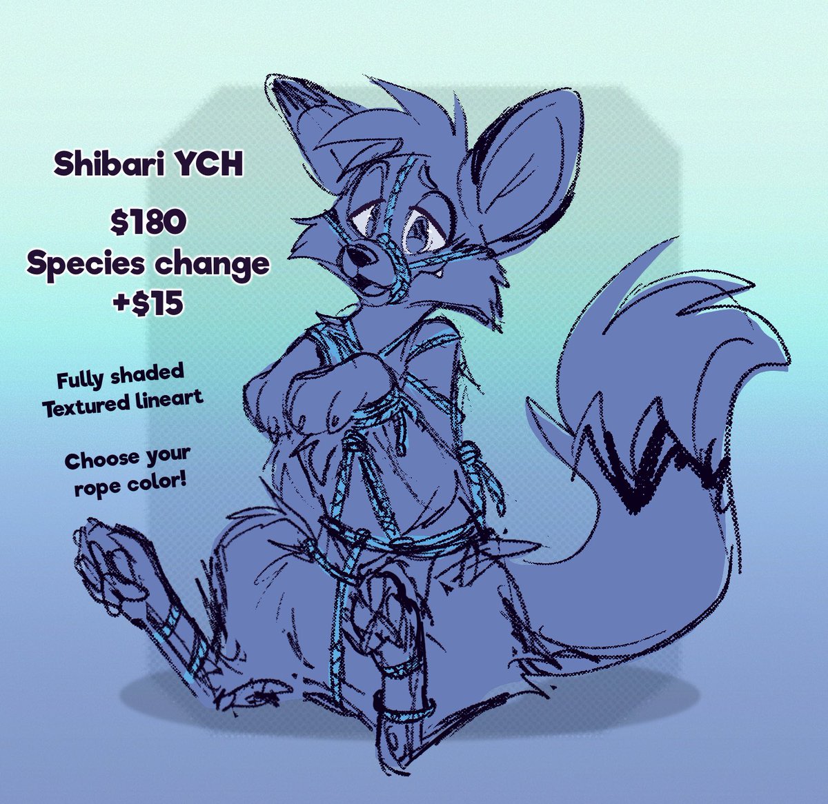 AUZUTEA's tweet photo. All tied up YCH ❕ Limited number of slots available, dm or comment to snag a slot ❕ 🩵  Species change just means non-canine btw!! https://t.co/K98b6YqF3v