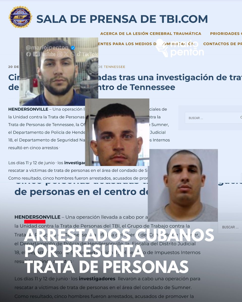 MarioJPenton's tweet photo. 🛑#IMPORTANTE | Tras compartir una publicación sobre el arresto de varios cubanos en Tennessee por presuntos delitos en Estados Unidos, algunos de los mencionados me escribieron mensajes amenazadores asegurando que la información era falsa.

La información publicada fue que ICE había emitido órdenes de detención contra Alinson Guerrero-Ramirez, Bryan Duany Rodriguez-Pena y Lazaro Rodriguez-Santos, todos cubanos, quienes según ICE habían entrado ilegalmente a Estados Unidos por la frontera.

Importante: los arrestos no fueron por su condición migratoria, sino por una investigación relacionada con presunta trata de personas y promoción de la prostitución, tal como informamos.

Ante los reclamos, hoy volvimos a verificar la información. Contactamos a la oficina de ICE en Tennessee, que reafirmó los datos y nos remitió al comunicado oficial del caso.

Según las autoridades, una operación realizada los días 11 y 12 de junio por el TBI, el Grupo de Trabajo contra la Trata de Personas de Tennessee, la Oficina del Sheriff del Condado de Sumner, la Policía de Hendersonville, la Fiscalía del Distrito Judicial 18, Homeland Security y el IRS terminó con cinco arrestos.

Los detenidos fueron:

-Duany Rodriguez-Pena, de Cape Coral, Florida. Fianza: $80,000.
-Alinson Ramírez, de La Vergne, Tennessee. Fianza: $60,000.
-Lázaro Rodríguez-Santos, de Miami, Florida. Fianza: $82,000.
-Kasim Barnes, de Gallatin, Tennessee. Fianza: $1,000,000.
-Christopher Torres, de Hendersonville, Tennessee. Fianza: $750,000.

Además, las autoridades informaron que nueve personas fueron identificadas como posibles víctimas y recibieron ofrecimiento de ayuda a través de Thistle Farms, una organización local de apoyo a víctimas de trata.

Esto no es un invento. No es un rumor. No es una campaña contra nadie. Es información oficial de las autoridades estadounidenses.

También hay que dejar algo claro: los cargos son acusaciones y toda persona se presume inocente hasta que se demuestre lo contrario en un tribunal, mediante el debido proceso legal.

Pero amenazar a periodistas por publicar información oficial no cambia los hechos.

Nosotros verificamos, preguntamos, contrastamos y publicamos. Esa es nuestra responsabilidad.