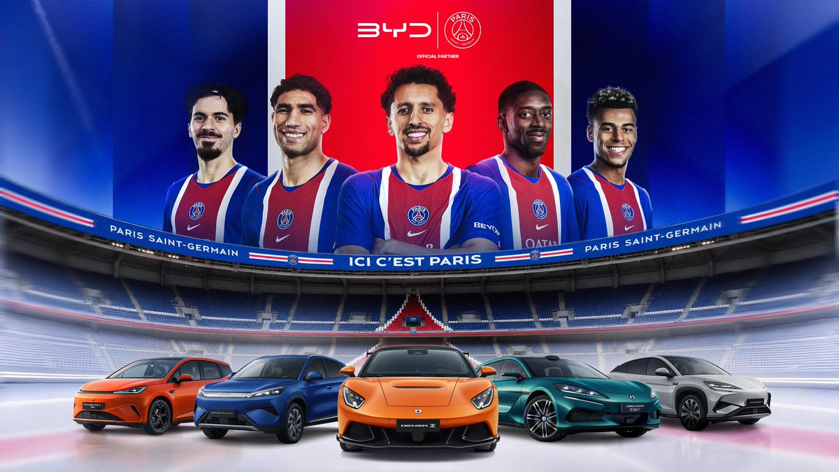 BYDCompany's tweet photo. A new chapter begins in Paris.

BYD is proud to become the Official Automotive Partner of Paris Saint-Germain, one of the world's most iconic football clubs, for the next three seasons through 2029.

Alongside DENZA, our premium brand, BYD vehicles will support the Club both on and off the pitch, from Parc des Princes to fan experiences around the world.

Two global forces, one shared vision: innovation, excellence and ambition without limits. @PSG_inside 

#BYD #ParisSaintGermain #BYDxPSG