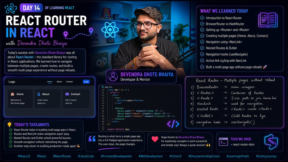 prathamkave's tweet photo. Day 14 of learning React ⚛️ at @sheryians_ COHORT 3.0

• Setting up React Router
• Routes, Route &amp; BrowserRouter
• Nested routes with Outlet
• Navigation using NavLink &amp; useNavigate

#ReactJS #JavaScript #ReactRouter #Cohort3 #SheryiansCodingSchool https://t.co/wdp8F0pOvU