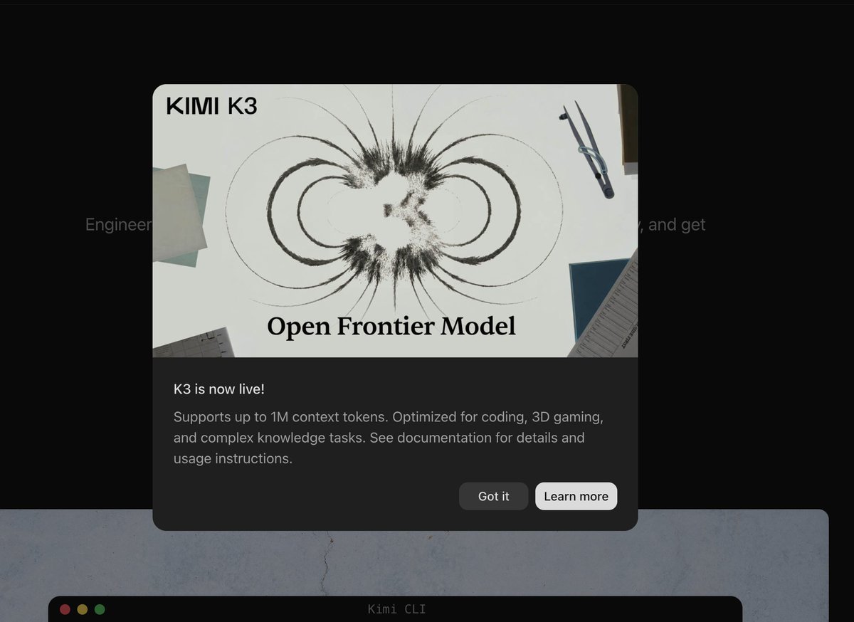 Kimi K3 launch dialog stating K3 is live with support for up to 1M context tokens and positioning around coding, 3D gaming, and complex knowledge tasks