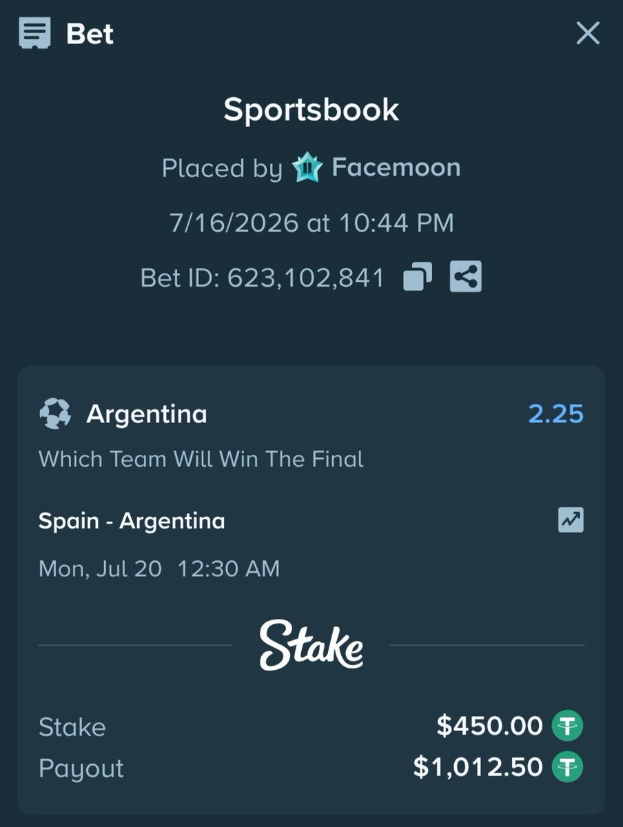 Dooli_official1's tweet photo. I just placed a $450 bet on Argentina to win the World Cup Final. 🇦🇷

If this bet wins, I'll be giving $10 each to 5 winners from comments ($50 total)

• To enter:  
Follow ✅
Like ✅
Repost ✅
Comment your Stake username ✅

Good luck everyone! ⚽💙

#stake #sportbet #giveaway https://t.co/3R9MDMxeZK