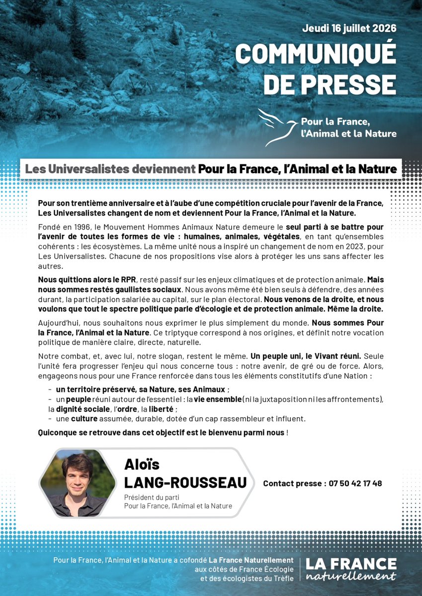 Parti_PFAN's tweet photo. Les Universalistes changent de nom et deviennent Pour la France, l'Animal et la Nature !

Il s'agit, le plus simplement du monde, de nos convictions depuis 30 ans 🇨🇵🐾🍀

Rejoignez-nous ! ⬇️
https://t.co/h4lLbsI3Zn https://t.co/QEZ4MpSWtd